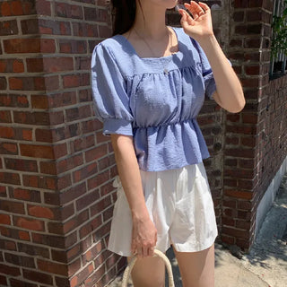 Square neck puff shirred ruffle elastic waist blouse