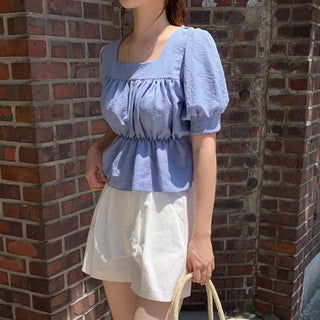 Square neck puff shirred ruffle elastic waist blouse