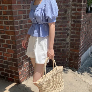 Square neck puff shirred ruffle elastic waist blouse
