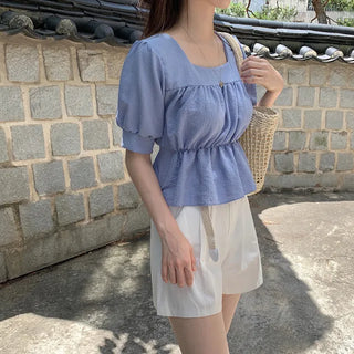 Square neck puff shirred ruffle elastic waist blouse