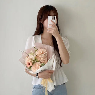 Square neck puff shirred ruffle elastic waist blouse