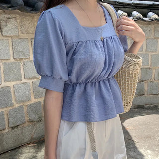 Square neck puff shirred ruffle elastic waist blouse