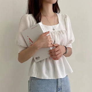 Square neck puff shirred ruffle elastic waist blouse