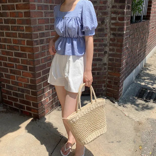 Square neck puff shirred ruffle elastic waist blouse