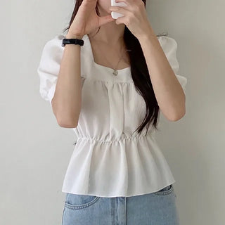 Square neck puff shirred ruffle elastic waist blouse