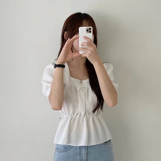 Square neck puff shirred ruffle elastic waist blouse