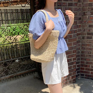 Square neck puff shirred ruffle elastic waist blouse