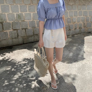 Square neck puff shirred ruffle elastic waist blouse