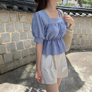 Square neck puff shirred ruffle elastic waist blouse