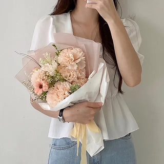 Square neck puff shirred ruffle elastic waist blouse
