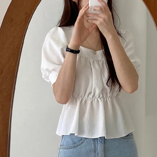 Square neck puff shirred ruffle elastic waist blouse