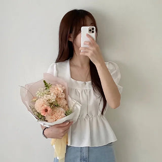 Square neck puff shirred ruffle elastic waist blouse
