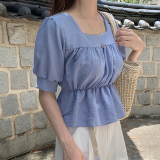 Square neck puff shirred ruffle elastic waist blouse