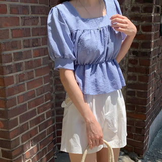Square neck puff shirred ruffle elastic waist blouse