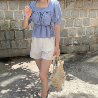 Square neck puff shirred ruffle elastic waist blouse