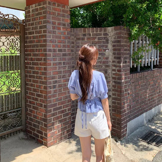 Square neck puff shirred ruffle elastic waist blouse