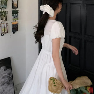 [Scrunchie Set] Short-Sleeve Square Neck Puff Long Flare Dress