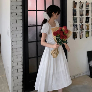 [Scrunchie Set] Short-Sleeve Square Neck Puff Long Flare Dress
