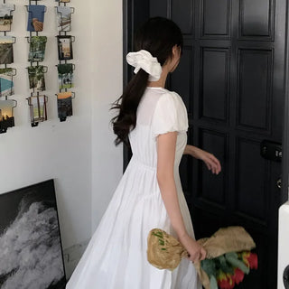 [Scrunchie Set] Short-Sleeve Square Neck Puff Long Flare Dress