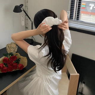 [Scrunchie Set] Short-Sleeve Square Neck Puff Long Flare Dress