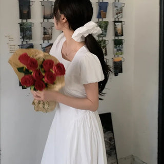 [Scrunchie Set] Short-Sleeve Square Neck Puff Long Flare Dress
