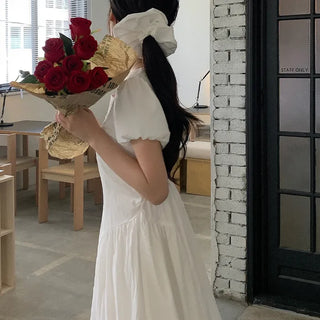 [Scrunchie Set] Short-Sleeve Square Neck Puff Long Flare Dress