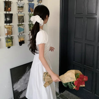 [Scrunchie Set] Short-Sleeve Square Neck Puff Long Flare Dress