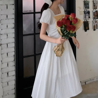 [Scrunchie Set] Short-Sleeve Square Neck Puff Long Flare Dress