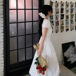 [Scrunchie Set] Short-Sleeve Square Neck Puff Long Flare Dress