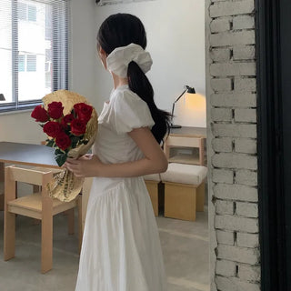 [Scrunchie Set] Short-Sleeve Square Neck Puff Long Flare Dress
