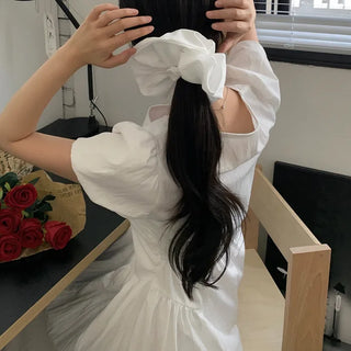 [Scrunchie Set] Short-Sleeve Square Neck Puff Long Flare Dress
