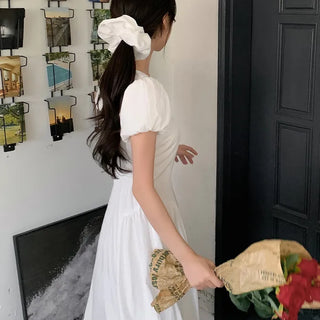 [Scrunchie Set] Short-Sleeve Square Neck Puff Long Flare Dress
