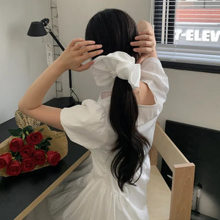 [Scrunchie Set] Short-Sleeve Square Neck Puff Long Flare Dress