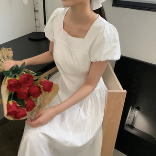 [Scrunchie Set] Short-Sleeve Square Neck Puff Long Flare Dress