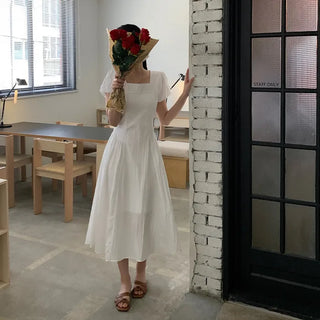 [Scrunchie Set] Short-Sleeve Square Neck Puff Long Flare Dress