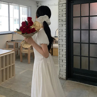 [Scrunchie Set] Short-Sleeve Square Neck Puff Long Flare Dress