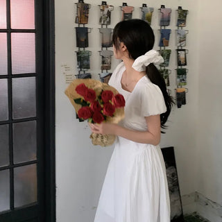 [Scrunchie Set] Short-Sleeve Square Neck Puff Long Flare Dress