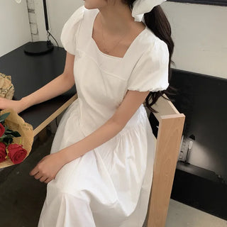 [Scrunchie Set] Short-Sleeve Square Neck Puff Long Flare Dress