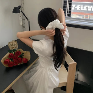 [Scrunchie Set] Short-Sleeve Square Neck Puff Long Flare Dress