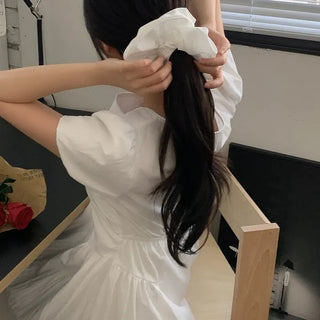 [Scrunchie Set] Short-Sleeve Square Neck Puff Long Flare Dress