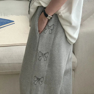 [Fleece-lined] Ribbon lettering elastic waist pants