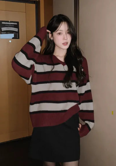 V-neck, color-blocked striped knit