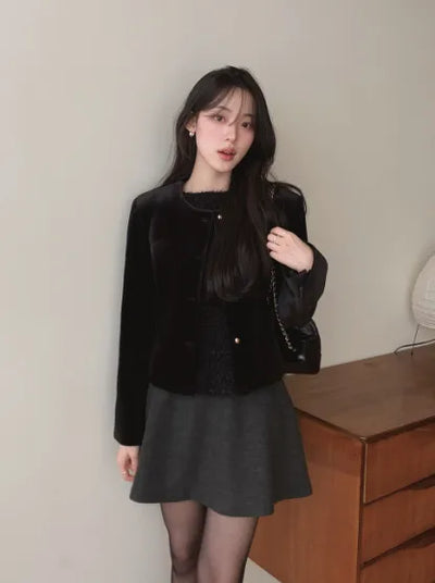 Collarless velour jacket