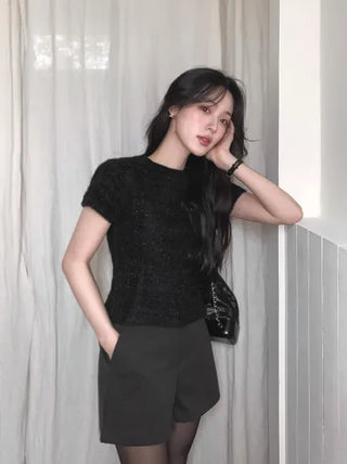Tweed short-sleeved knit T-shirt