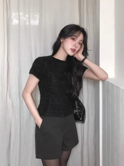 Tweed short-sleeved knit T-shirt