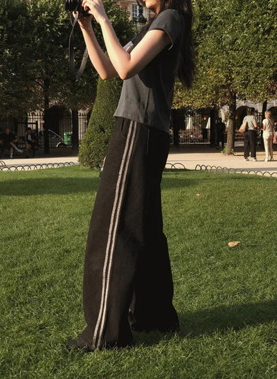 Elastic waist track denim pants