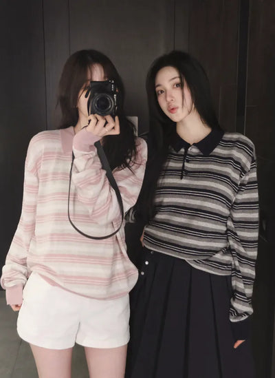 Multi-stripe polo sweater