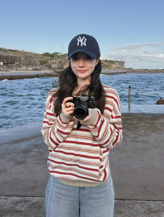 Multi-stripe polo sweater