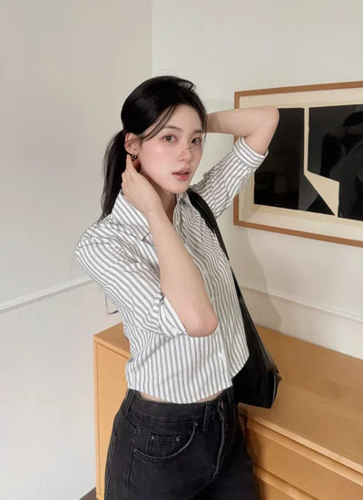 Cropped check 7/8 sleeve shirt