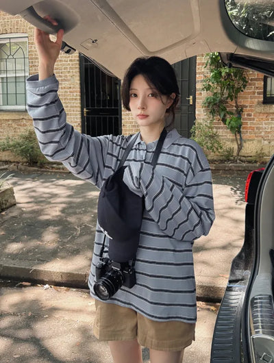 Striped long-sleeved polo shirt